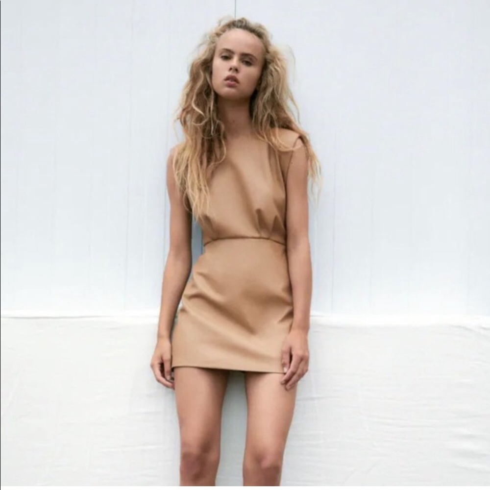 zara faux leather dress w shoulder pads
